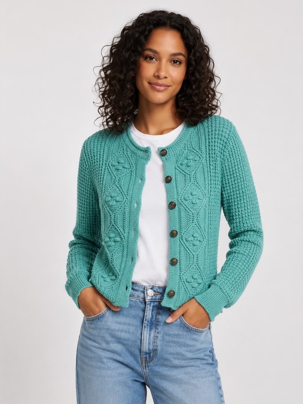 Heartloom Teal Knit Bobble Cropped Cardigan Size XS